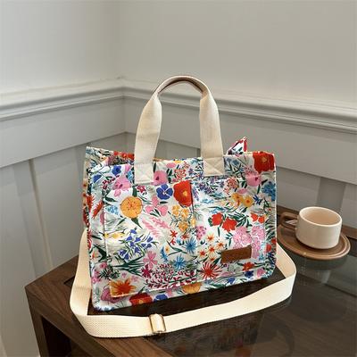 Autumn Floral Canvas Bag, Personalized Large-Capacity Double-Pocket Foreign-Style Shopping Bag, Oblique Span Shoulder Portable Tote Bag