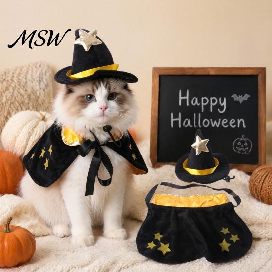 Halloween Pet Outfit Stars Moon Spiders 1 Set Cat Witch Costume, Black Cape And Wizard Hat, Dog Hat Cloak Star Pointed for Cats Small Medium