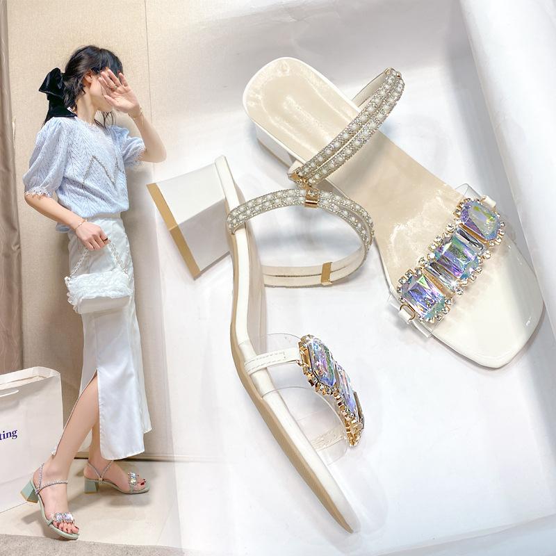 High heels sandals women's summer 2025 new fashion transparent middle heel crystal shoes fashion thick heel outer slippers