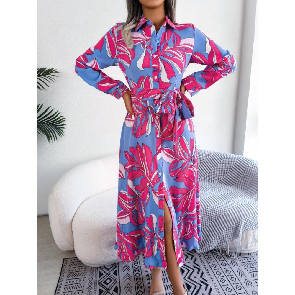 Spring Vintage Plant Print Lapel Tie Button Up Shirt Long Sleeved Mid Length Dress