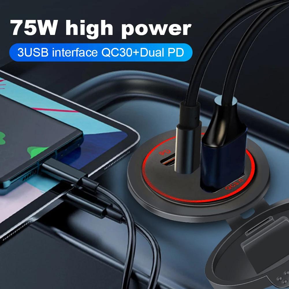 75W 12V 24V Car Charger Socket with 3 Ports PD Type C QC 3.0 Fast Charge Waterproof USB Outlet for Vehicles and Boats