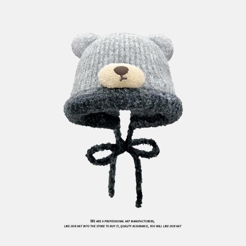 Cute Bear Plush Hat for Women in Winter Warm and Plush Woolen Hat To Protect Against Cold and Ear Protection One Hat Dual Purpose Bag Knitted Hat