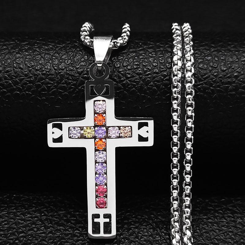Catholic Jesus Cross Stainless Steel Necklace Saint Benedict Crystal Virgin Mary Pendant Crucifix Male Necklaces Jewelry Cruz