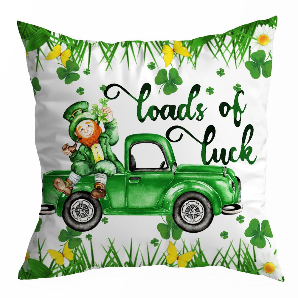 St. Patrick's Day Peach Skin Velvet Pillowcase, Green Four-leaf Clover Printed Sofa Pillow Cushion