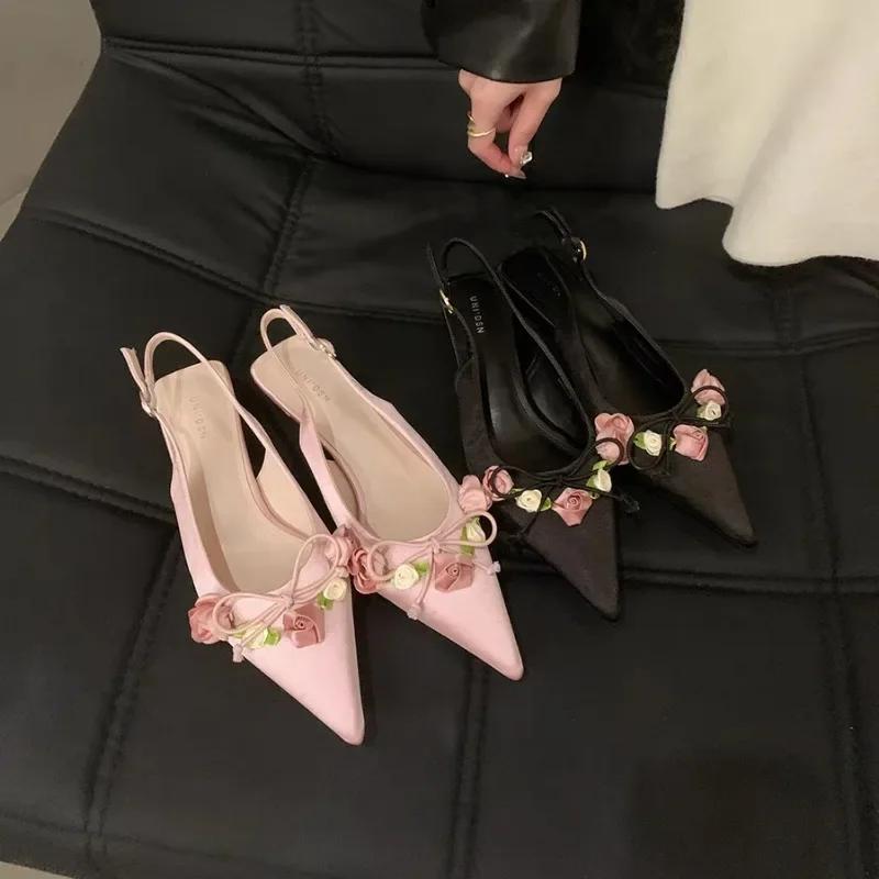 2025 New Spring and Autumn Fashion Flower Sweet Pointed Shallow Mouth Bow Needle Buckle Casual Thin High Heel Women's Shoes