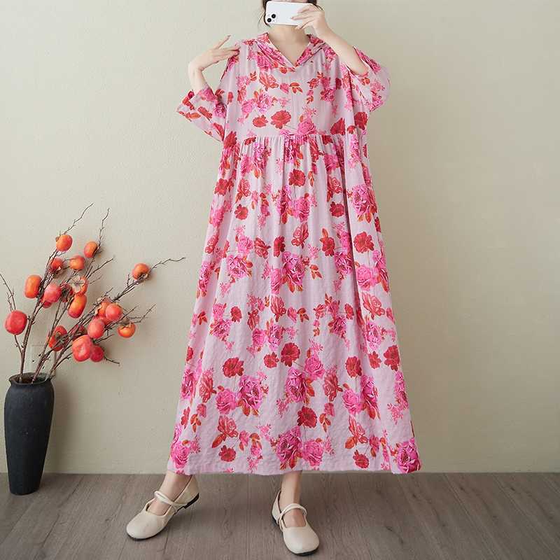 Ladies' Gentle Wind and Cloud Brocade Cotton and Hemp Hooded Printed Dress
