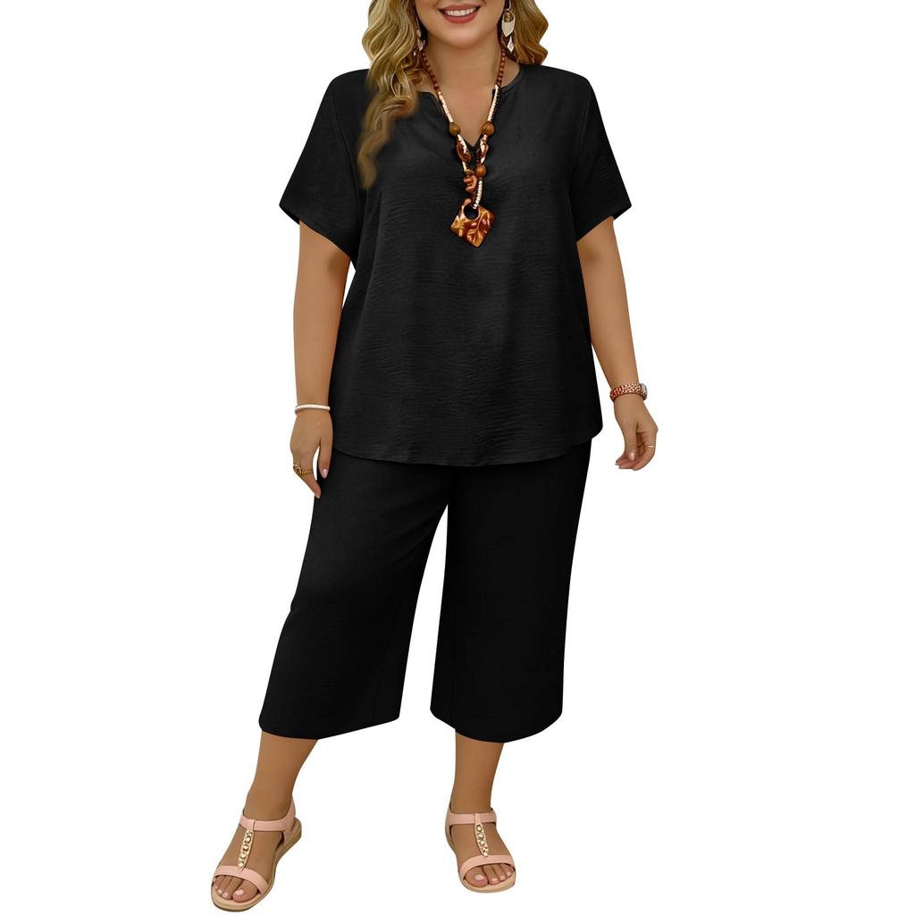Women's 2,Piece Casual Color V Neck Short Sleeve Top And Wide Leg Pants Set