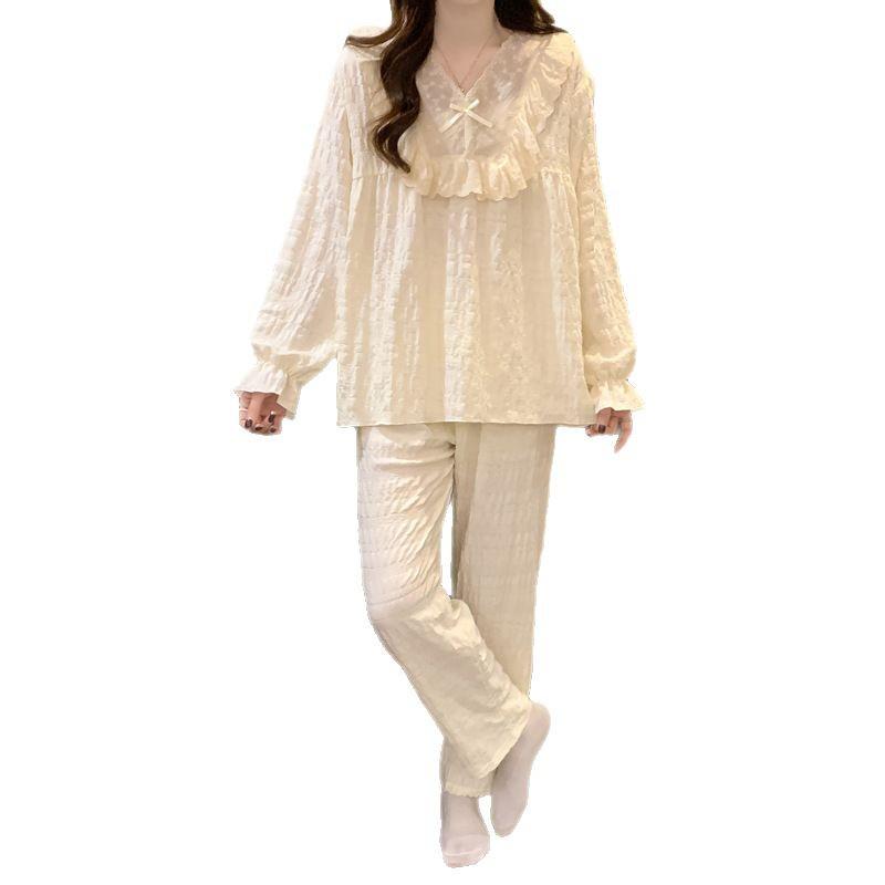 Japanese-Style Lace Bubble Crepe Pajamas for Women - Spring Long Sleeve Solid Color