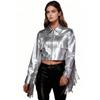 Women's Dance Birthday Party Jacket S-3XL: Tassels Metallic Glossy Turn-Down Collar Long Sleeve Zipper Fringe Shiny Design