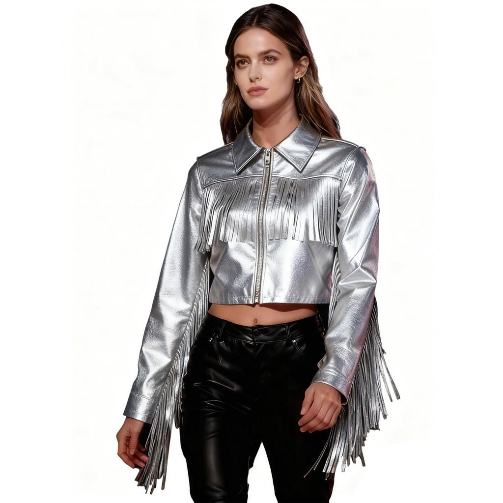 Women's Dance Birthday Party Jacket S-3XL: Tassels Metallic Glossy Turn-Down Collar Long Sleeve Zipper Fringe Shiny Design