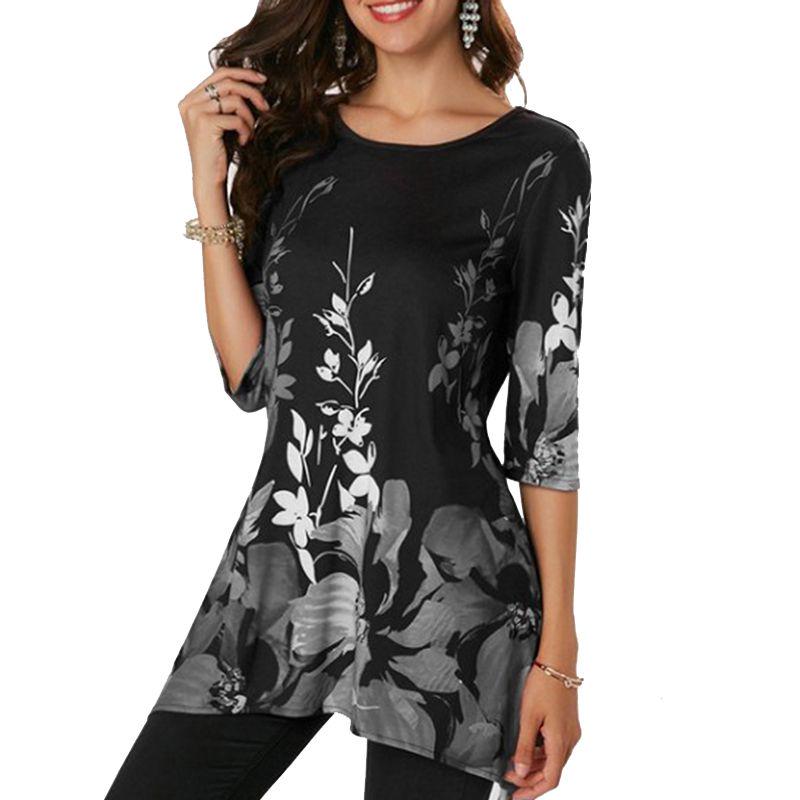 Plus Size Womens Asymmetric Floral Printed Short Sleeve Tunic Blouse For Summer Comfort