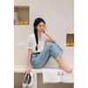 Luxiangnan Retro Lace-Trimmed Blue Straight-Leg Jeans