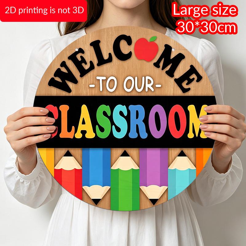 2D Flat, 1pc Welcome To Our Classroom Aluminum Hanging Sign, Colorful Pencil Apple Print, Indoor Wall Hanging Decor, Back to School Decor Suitable