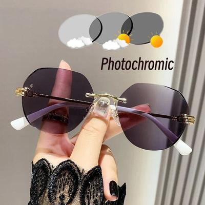 Women Photochromic Reading Glasses New Anti Blue Light Frameless Glasses Fashion High-definition Color Changing Presbyopia Glass