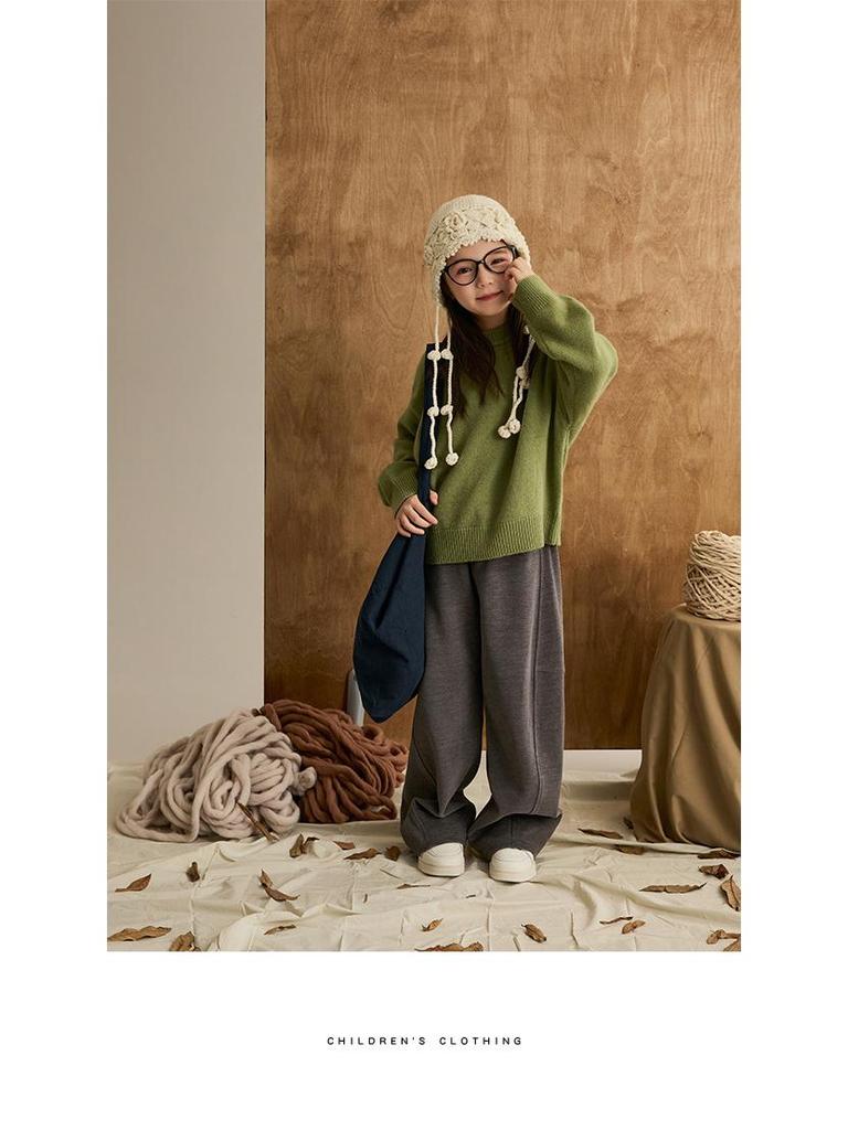 Children's Wool Ribbed Sweater - Round Neck, Cozy Autumn/Winter Base Layer for Girls