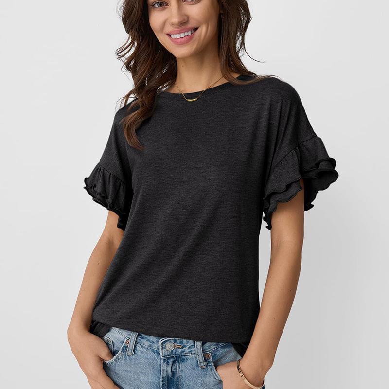 Damen Sommer Rüschen Kurzarm O-Ausschnitt Einfarbig Pullover T-Shirt Top