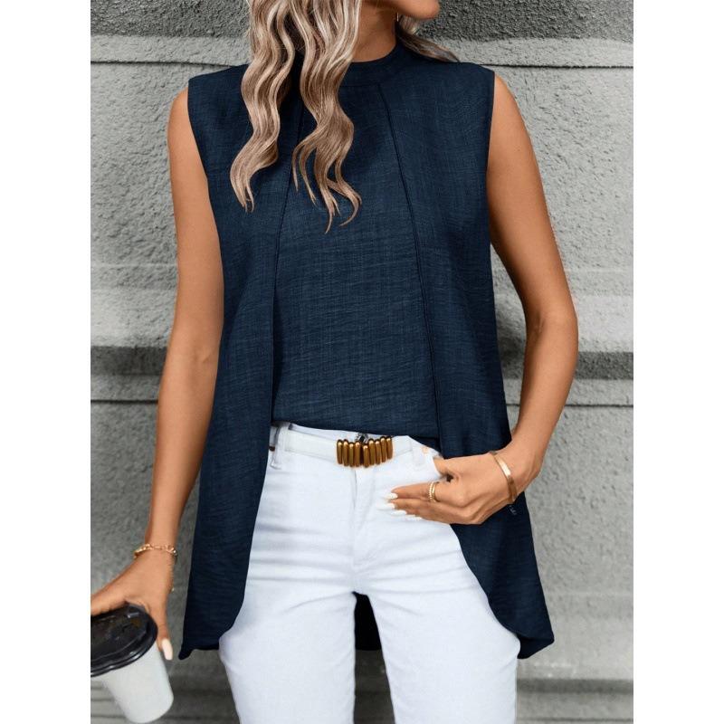 YYFS Damenmode, lässig, Sommer, Frühling, einfarbiger Druck, ärmellos, O-Ausschnitt, Blusen und Hemden