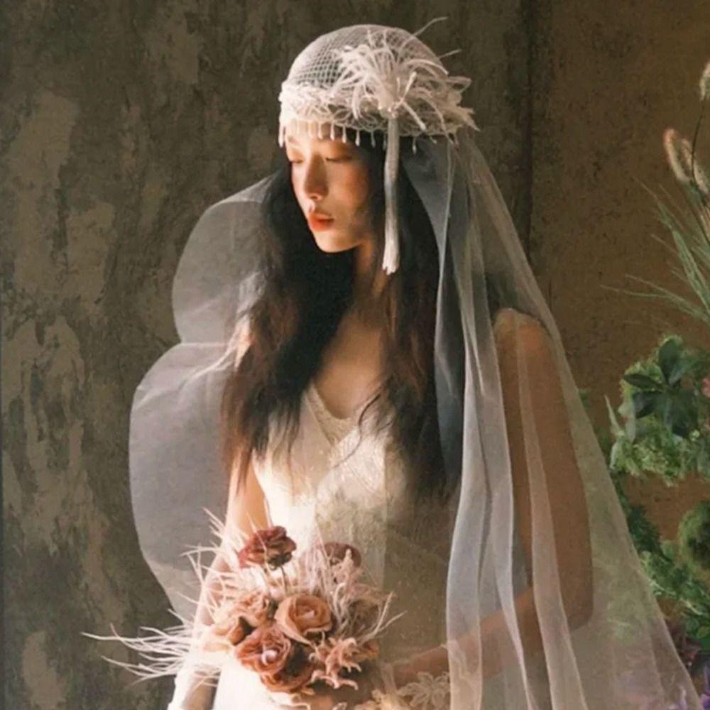 French Style Bride Lace Bow Long Headband Retro Embroidered Bride Wedding Headwear Wedding Veil