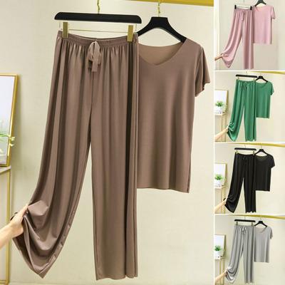 2 Pcs/Set Women T-shirt Pants Set Pleated Wide Leg V Neck Short Sleeves Loose Homewear Pullover Thin Plus Size Summer Top Trousers Set Women Clothing