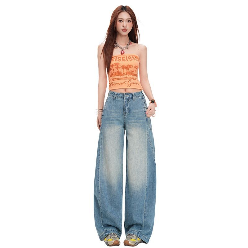 Spring Summer Vintage High Waist Relaxed Wide Leg Saber Cut Denim Pants For Women Casual Pants Oversize Denim Trousers