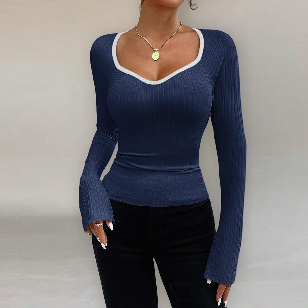 Women's Fashion Long Sleeve U-Neck Knitted Bottoming Top