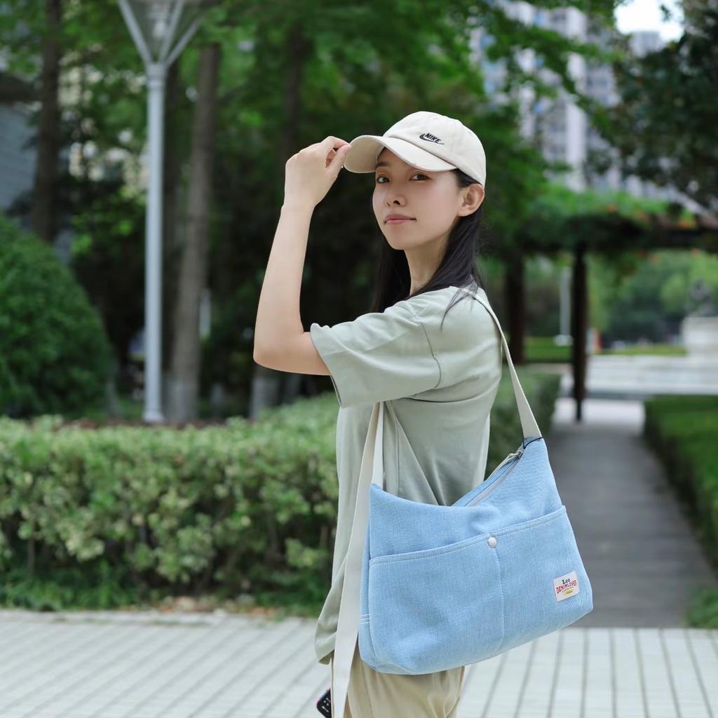 New Lee Fabric+Artificial Leather Crossbody Bags Large Women's Light Denim Blue LE240072M-521