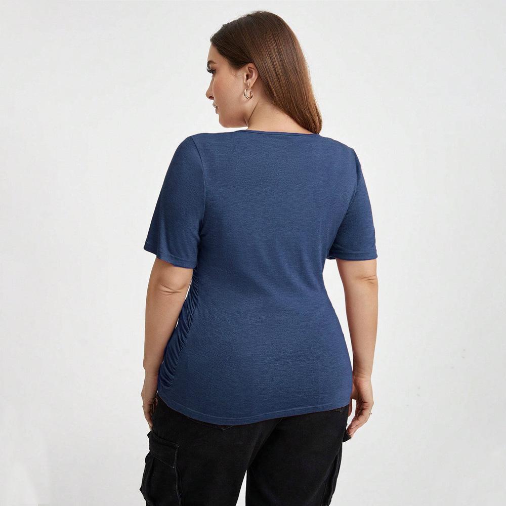 New V-neck splicing wide slim fit autumn solid color top women's European and American short-sleeved t-shirt women's