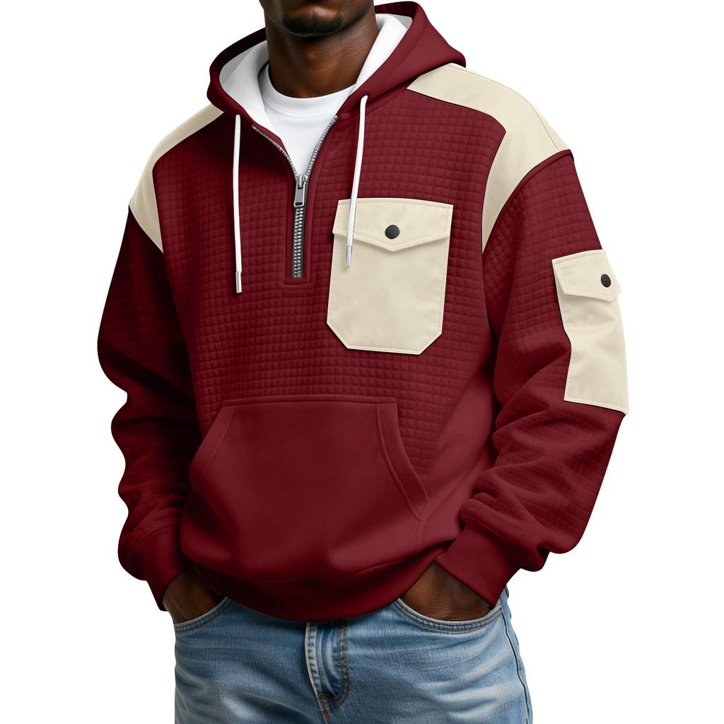 Men's Winter Color Blocked Button-Down Collar Multi-Pocket Hoodie Men's Sports Plus Size Casual Sweatshirt