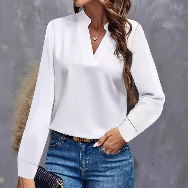 Women Autumn Spring Long Sleeve Blouse Loose Top Solid White V-neck Office Lady Simple