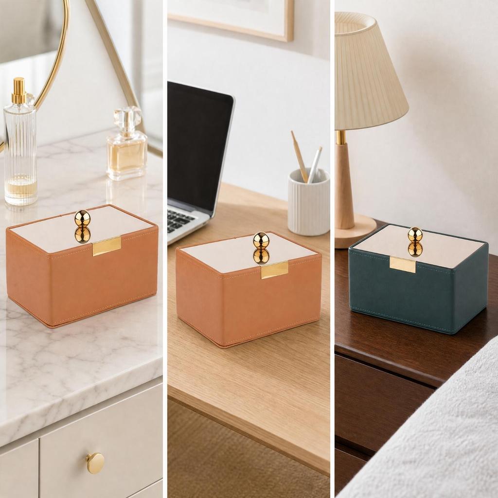 Dustproof PU Leather Desktop Storage Box Lined Interior with
