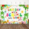 Mocsicka Last Day Of School Hello Summer Backdrop Tropical Palm Hibiscus Bus Beach Ball Swim Ring Kid Holiday Photography Banner