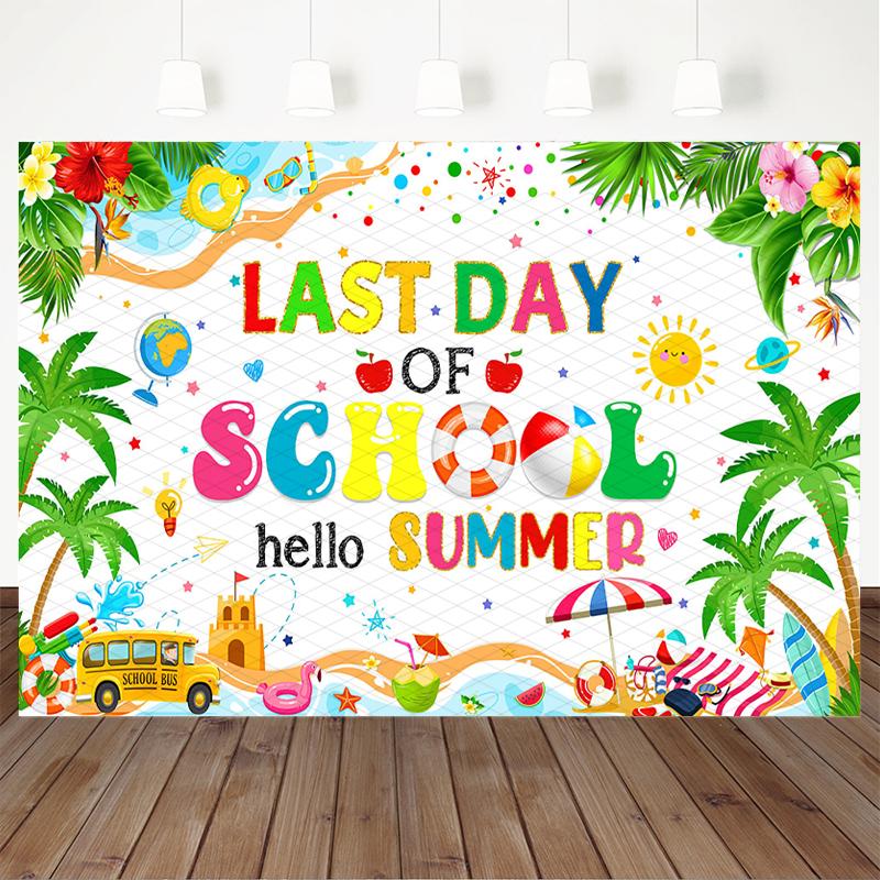 Mocsicka Last Day Of School Hello Summer Backdrop Tropical Palm Hibiscus Bus Beach Ball Swim Ring Kid Holiday Photography Banner
