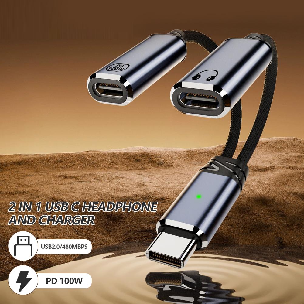 2 in 1 USB C Headphone and Charger Adapter USB C to Aux Audio Jack with PD 100W Fast Charging Dongle Cable Cord