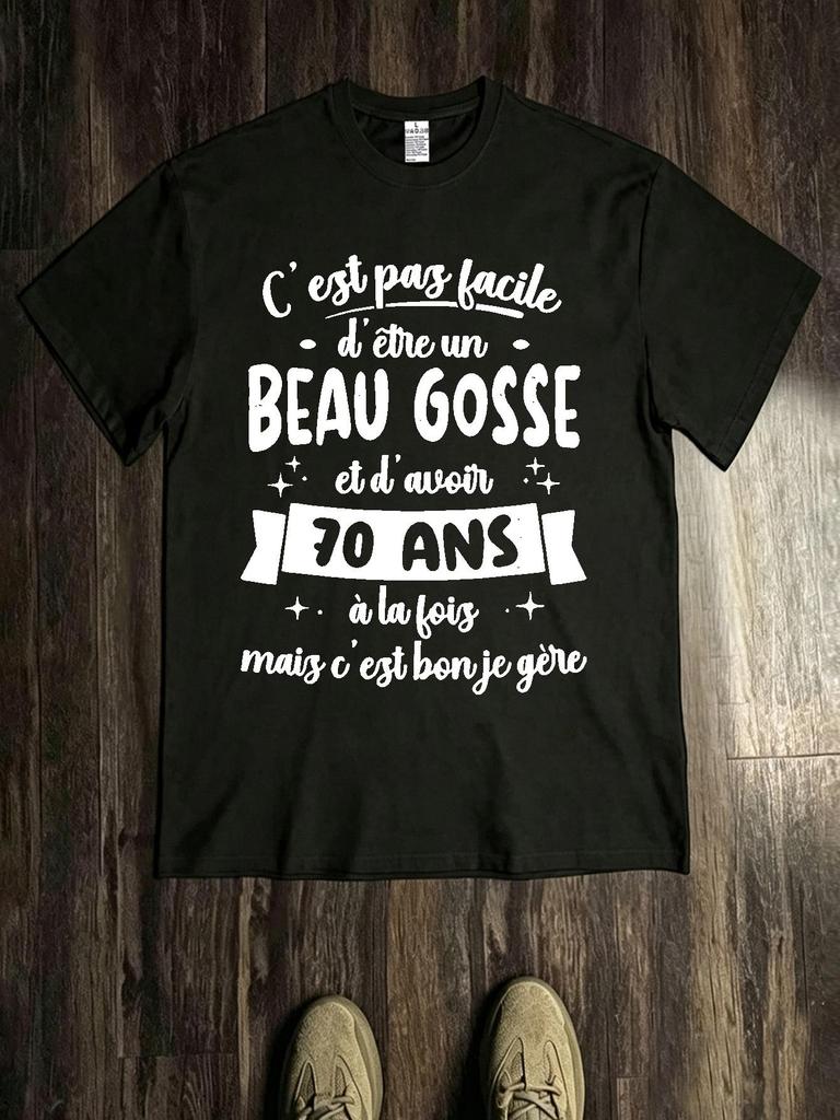 Unisex T-shirt Men's New T-Shirt with French-Style 70 ANS Themed Fun Text Print, Breathable Tee, Comfortable and Si