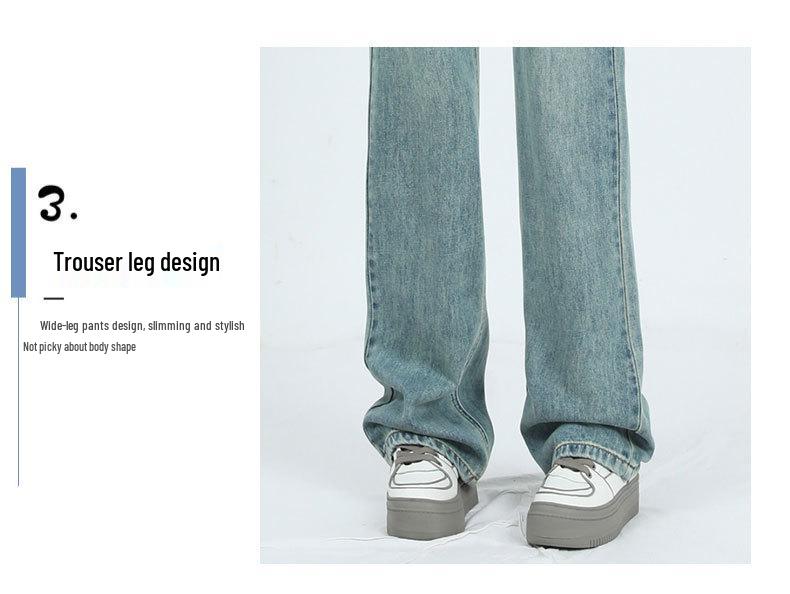American Style High-Waist Loose Velvet Denim Pants for Women - Thickened, Floor-Length, Pear-Shaped, Fashionable Wide-Leg Design