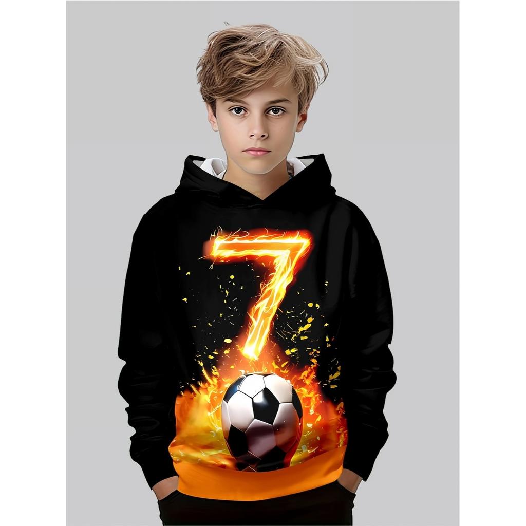 Boys' Fashionable 3D Printed Casual Hooded Sweatshirt, Football Spring and Autumn Winter Long Sleeved Sportswear, Size 7