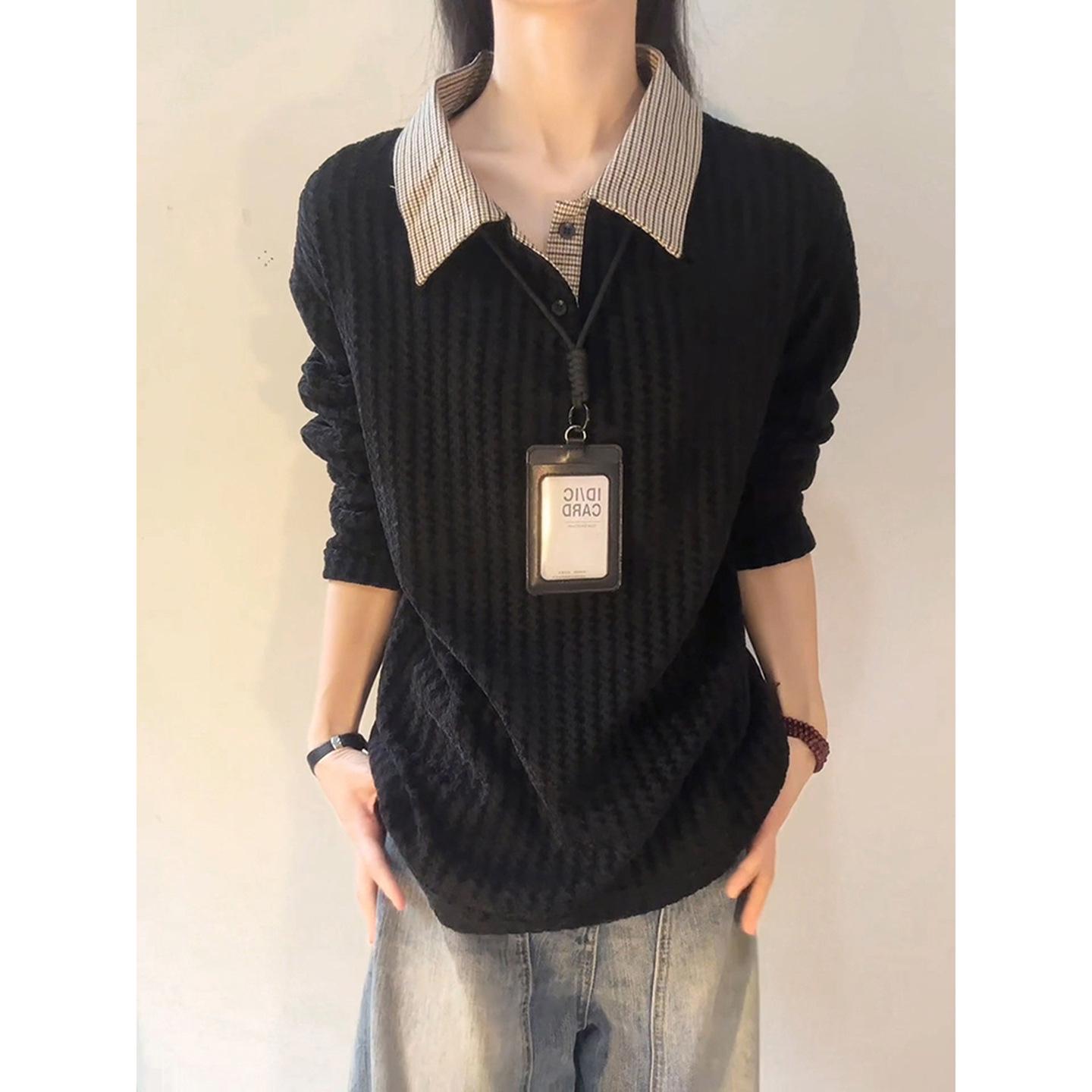 Men s Deep Gray Herringbone Long-Sleeve Polo with Houndstooth Patchwork Hoodie XXXL