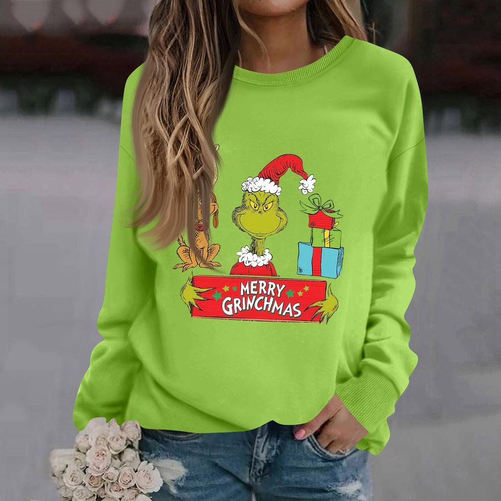 Women's Fashion Casual Long Sleeve Solid Color Christmas Printed Round Neck Top Sweatshirt