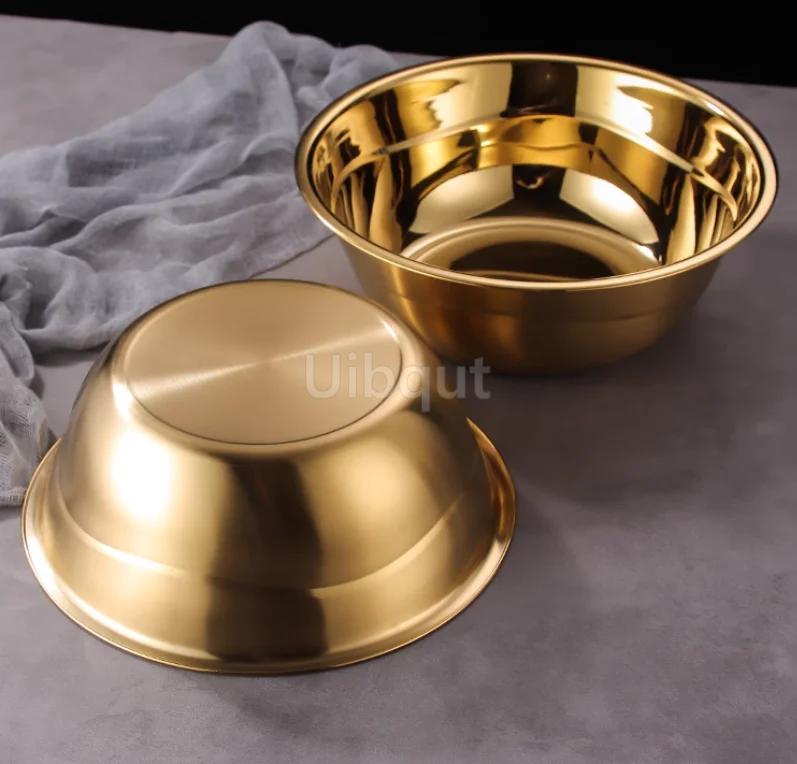 Round Stainless Steel Thick Basin Tureen Kitchen Bath Household Vegetable Wash Gold Golden Mixing Bowl Mixed Salad Big Soup Bowl
