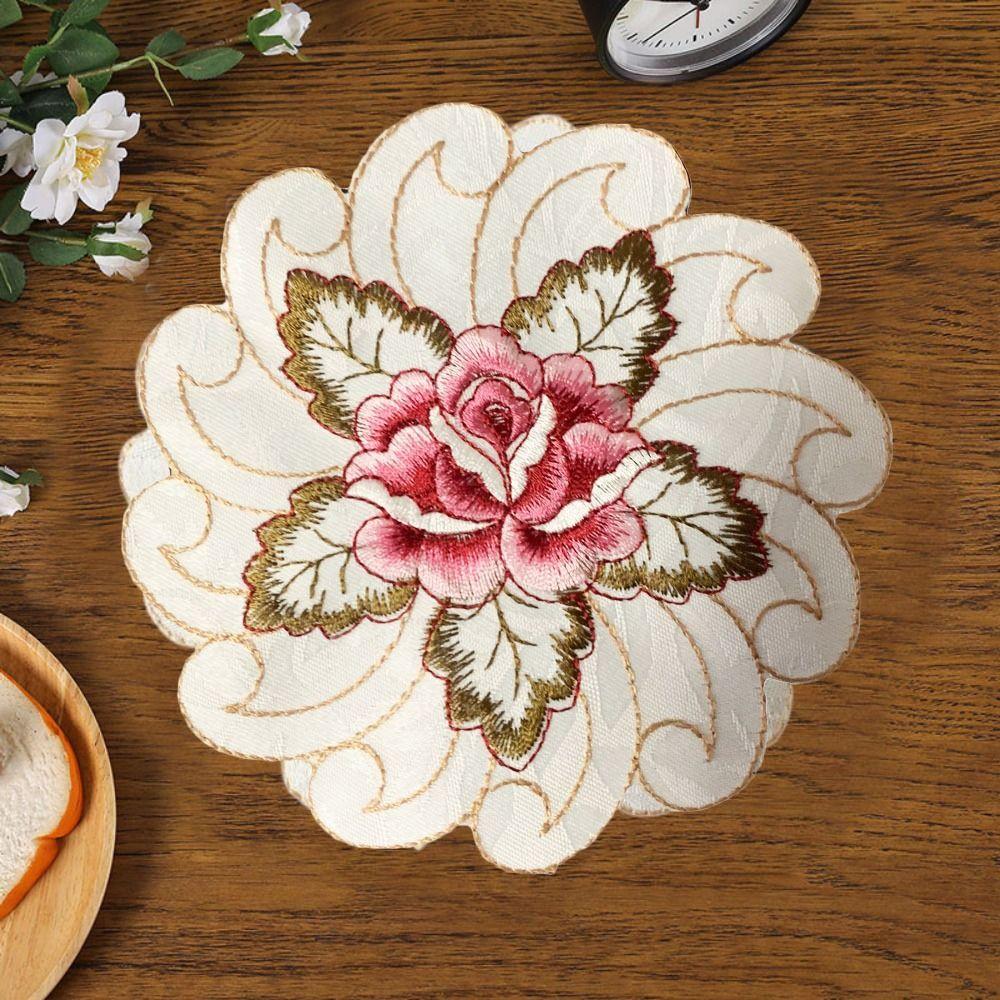 Embroidery Flower Coaster Round Placemat Coffee Table Cup Pad Table Decoration