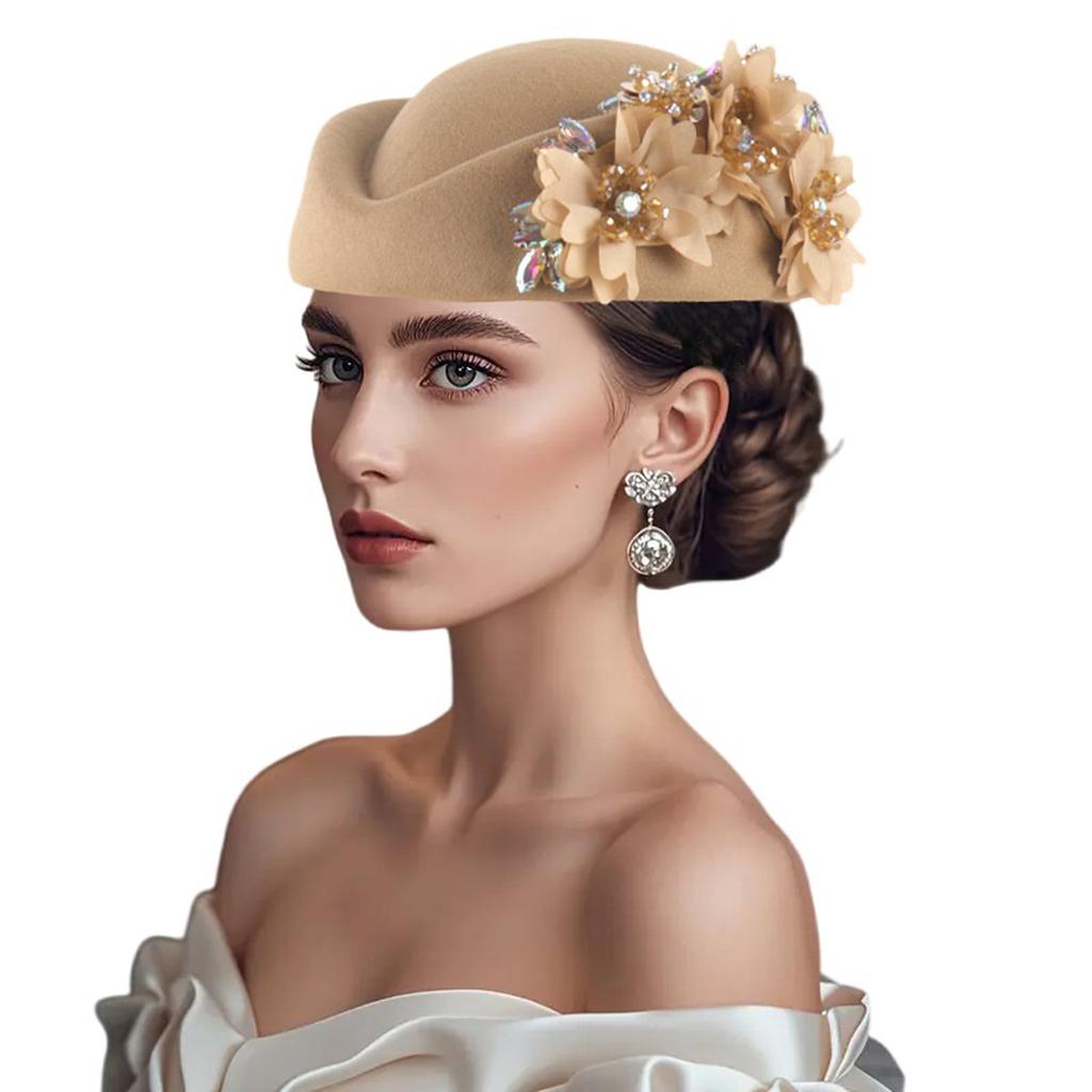 Cappello Pillbox da Donna Fiori Berretti Vintage Britannici in Feltro Cappellino per Chiesa Festa del Tè Accessorio