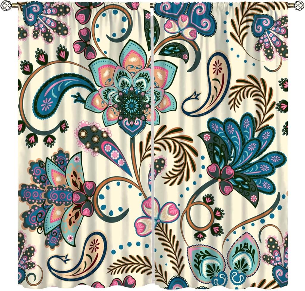 Insulated Colorful Floral Curtains Vintage Tribal Ethnic Abstract Paisley Mandala Pattern Print Bedroom Curtain Boho Polyester Washable Sleeping Area