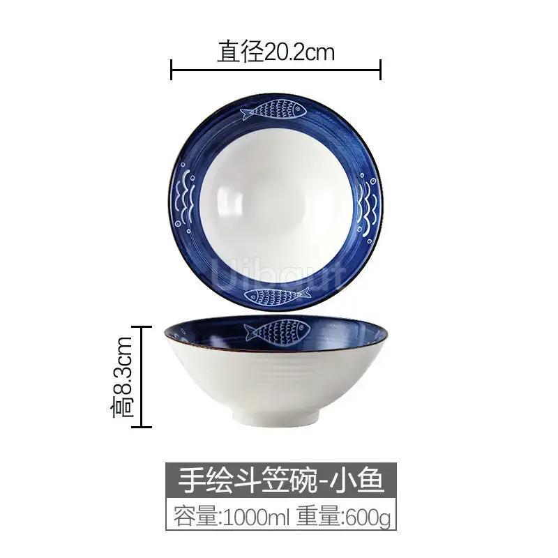 Salad Bowl 8 inch Ceramic Creative Hand Painted Pattern Japanese Ramen Bowl Household Large Noodle Soup Bowl Multi Purpose 20cm