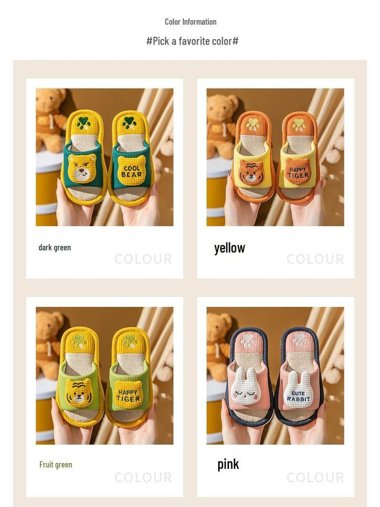 Children's Cute Cartoon Non-slip Linen Slippers - Spring Autumn Indoor Home for Boys & Girls, Parent-Child Four Seasons Wear