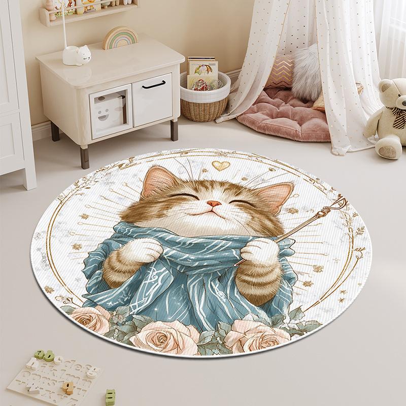 Round Carpet Bedroom Stain-resistant Cartoon Cat Bedside Children's Rug Floor Mat Living Room Washable Thickened Coffee Table Mat