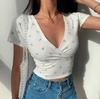Y2k Style Summer Retro Floral V-neck Crop Top Slimming Wild High Waist Streetwear Tshirt Short Sleeve Women's T-shirt