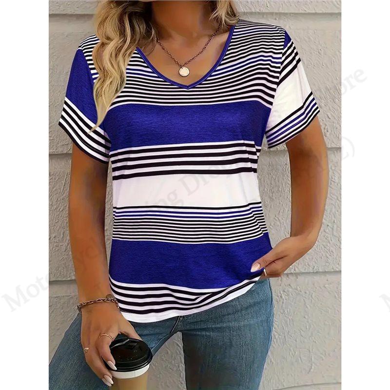

2025 Нова жіноча футболка в смужку та клітинку з 3D-принтом Модна повсякденна жіноча футболка з V-подібним вирізом та коротким рукавом Топи Футболки Жіночий одяг Повсякденний L