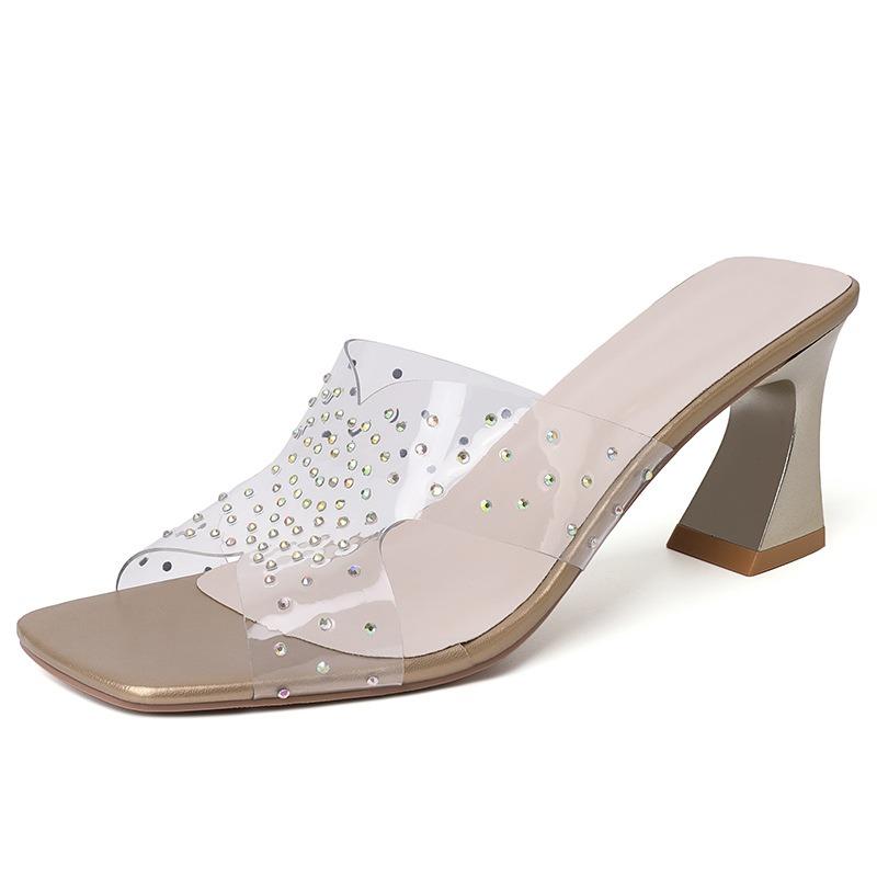 High-heeled fish-mouth cool slippers, new mesh rhinestone slippers, fashionable outer wear, thick-heeled fashion flip-flops