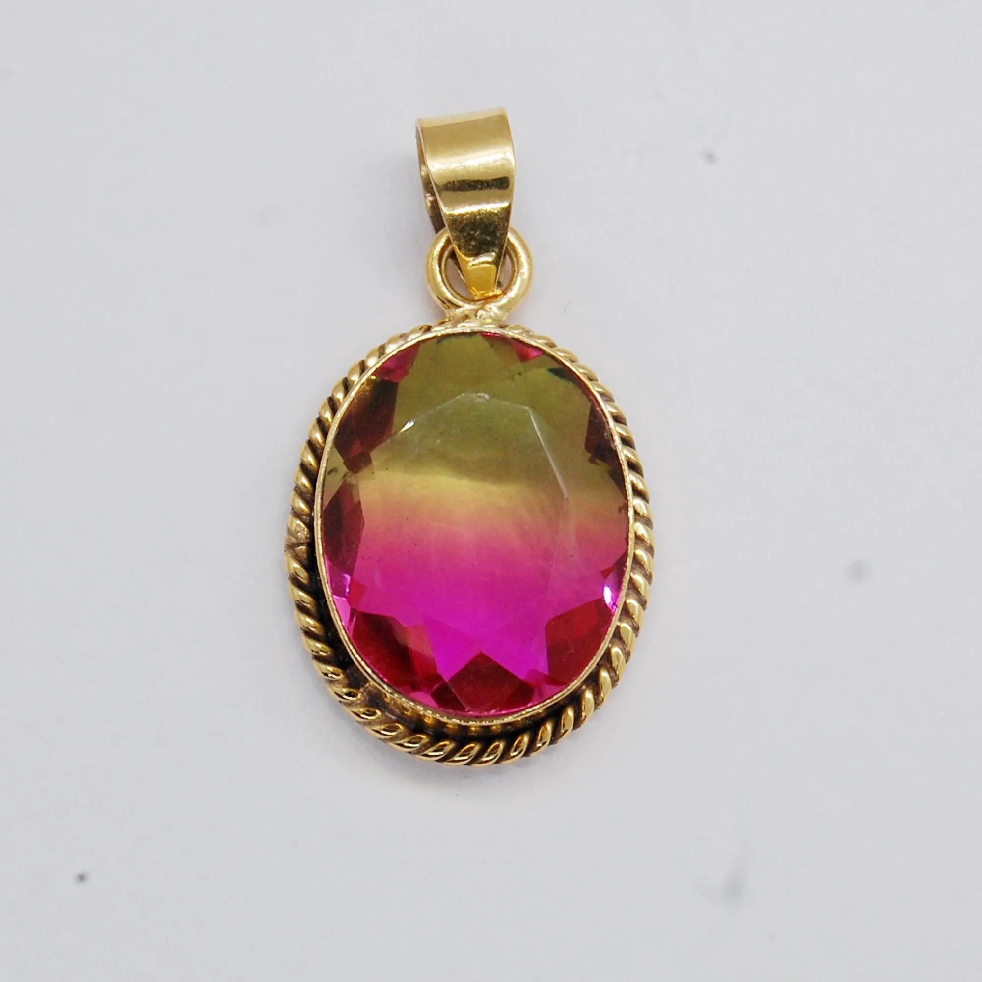 

Watermelon Tourmaline Quartz 925 Sterling Silver Pendant, 18K Yellow Gold Filled, 18K Rose Gold Fill Statement Minimalist Pendant срібний