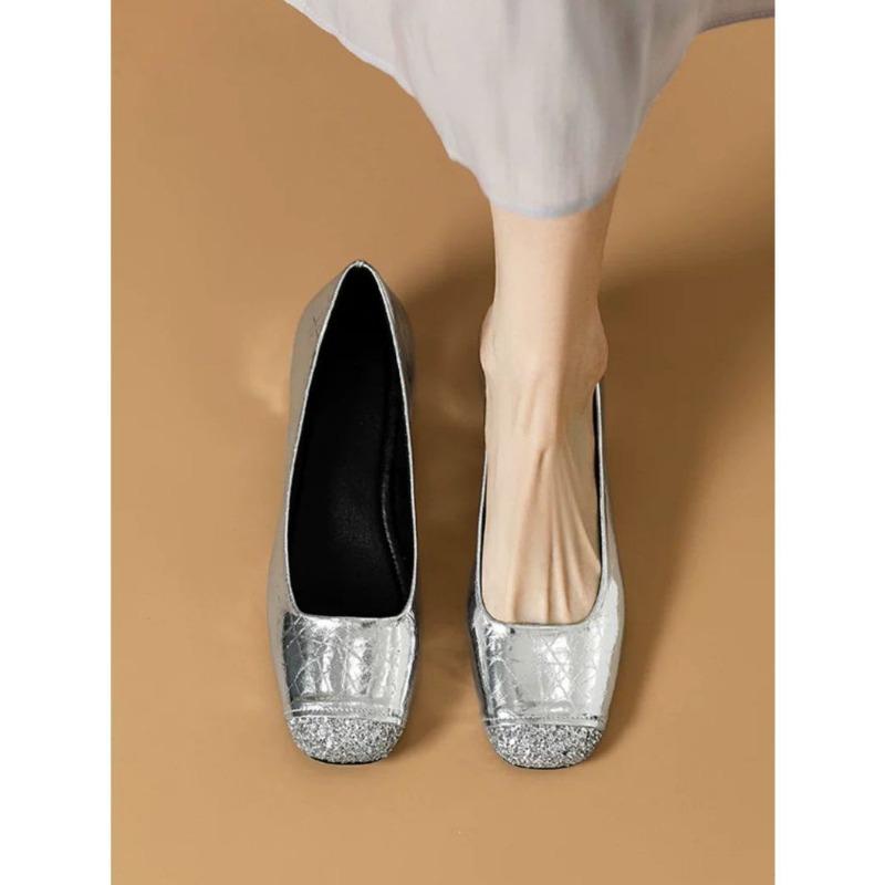 Low-heeled Silver Single Shoes Women's New Sequins Light-mouthed Square-headed Retro Ladyshoes Thick-heeled Four-season Shoes